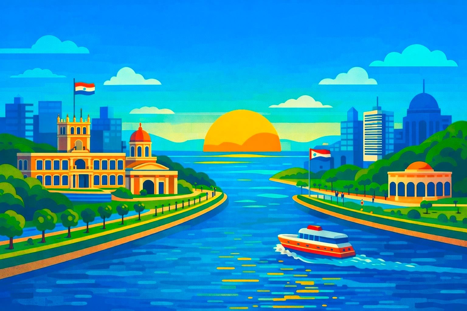 Ilustração colorida de Asunción no Paraguai, com o rio Paraguai, o Palacio de López, prédios históricos e o pôr do sol ao fundo