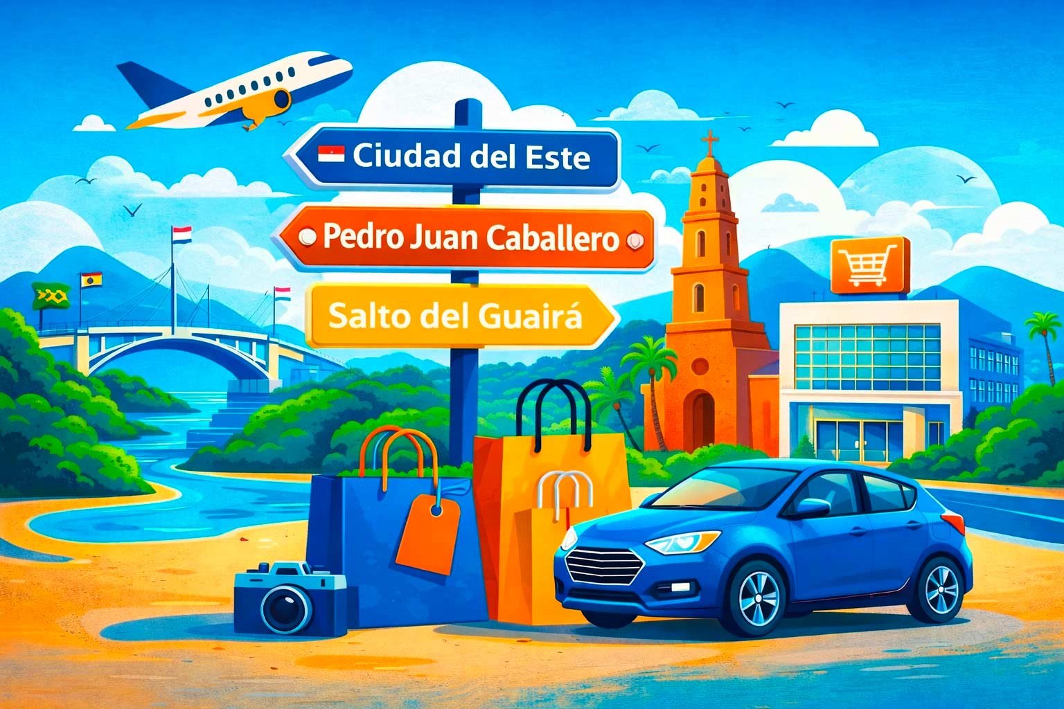 Ilustração colorida sobre compras na fronteira do Paraguai, com ponte, cidade ao fundo, placas com nomes das cidades, sacolas de compras e um carro de viagem.