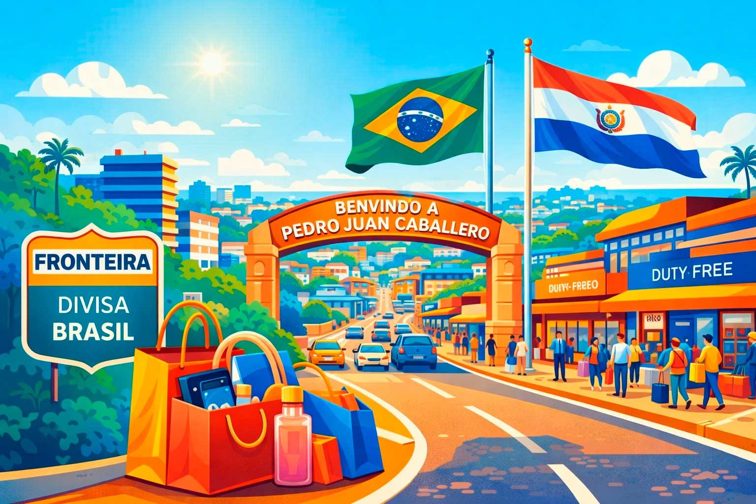 Ilustração plana de Pedro Juan Caballero no Paraguai, com arco de boas-vindas, bandeiras do Brasil e Paraguai, área comercial de fronteira, estrada com carros e sacolas de compras, representando viagem e compras na cidade de Ponta Porã / Pedro Juan Caballero.