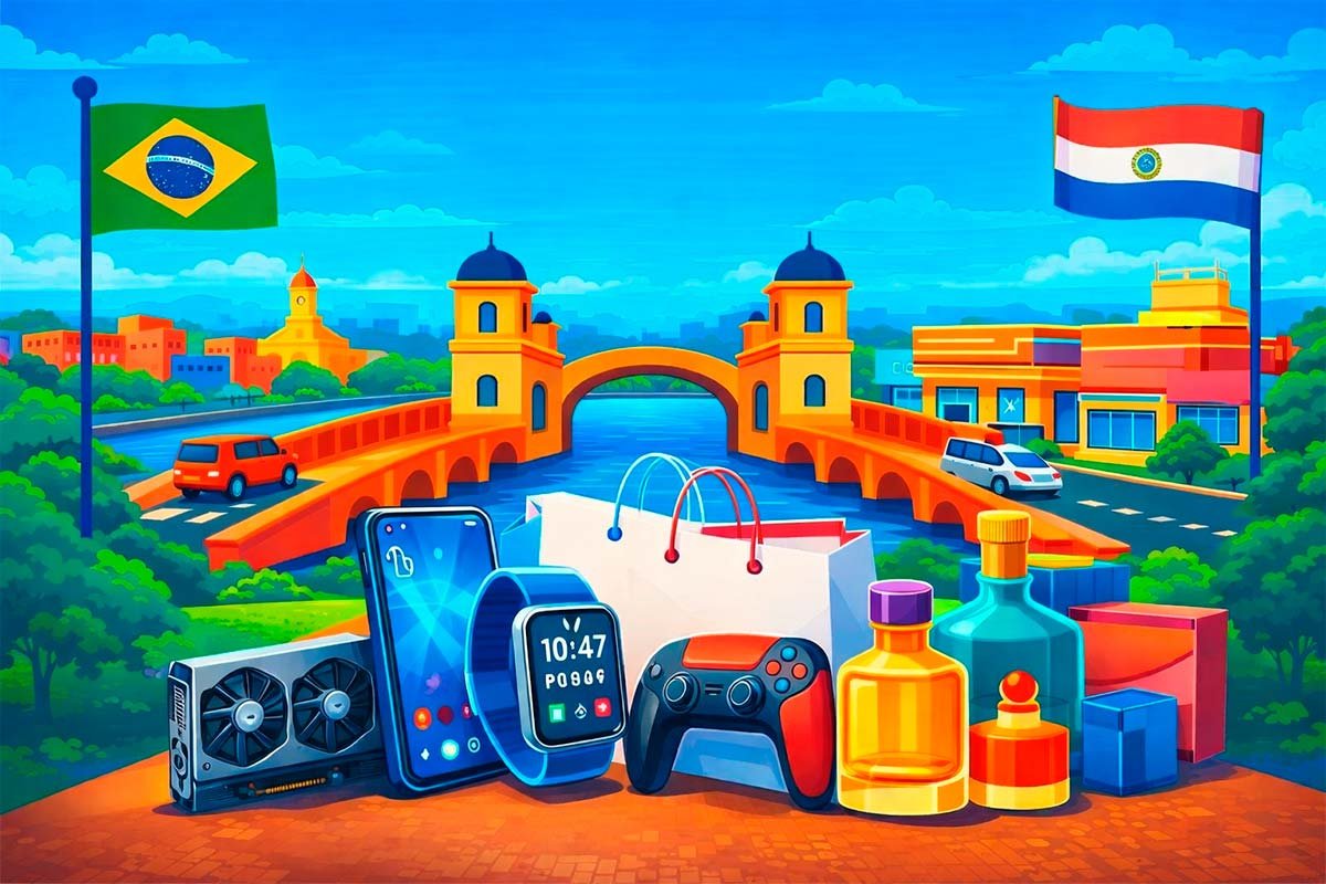 Ilustração colorida da fronteira entre Brasil e Paraguai com ponte, bandeiras e produtos como celular, smartwatch, perfumes, videogame e sacolas de compras em destaque, representando compras no Paraguai.