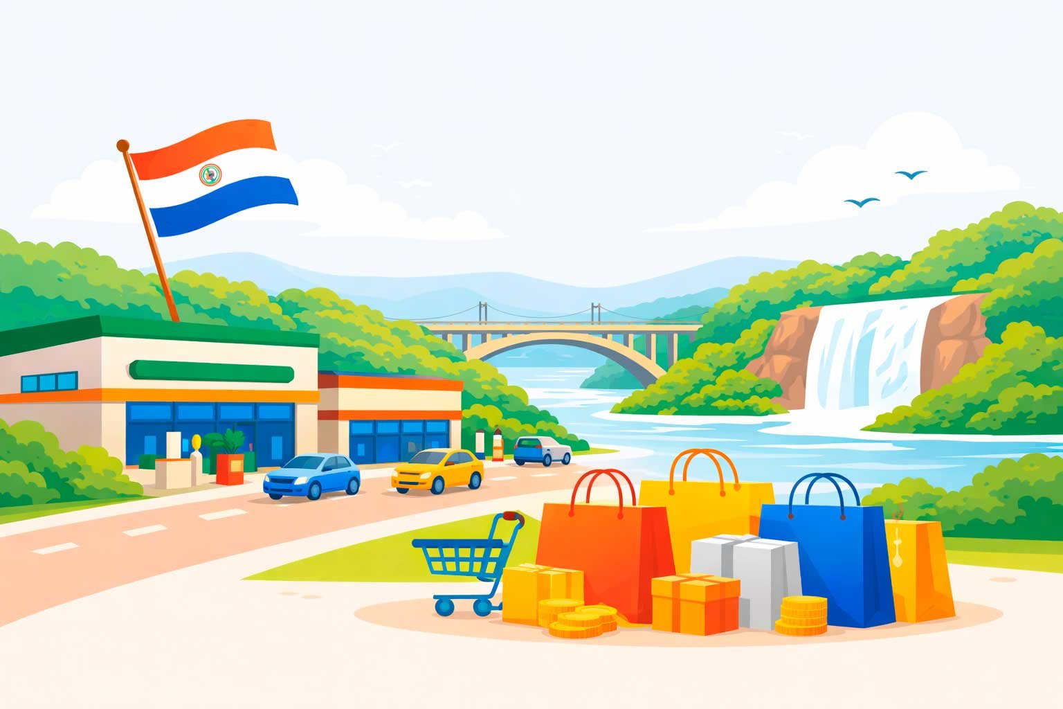 Ilustração plana e minimalista de Salto del Guairá no Paraguai, com área de fronteira, ponte sobre o rio, cachoeira e elementos de compras na cidade de fronteira.