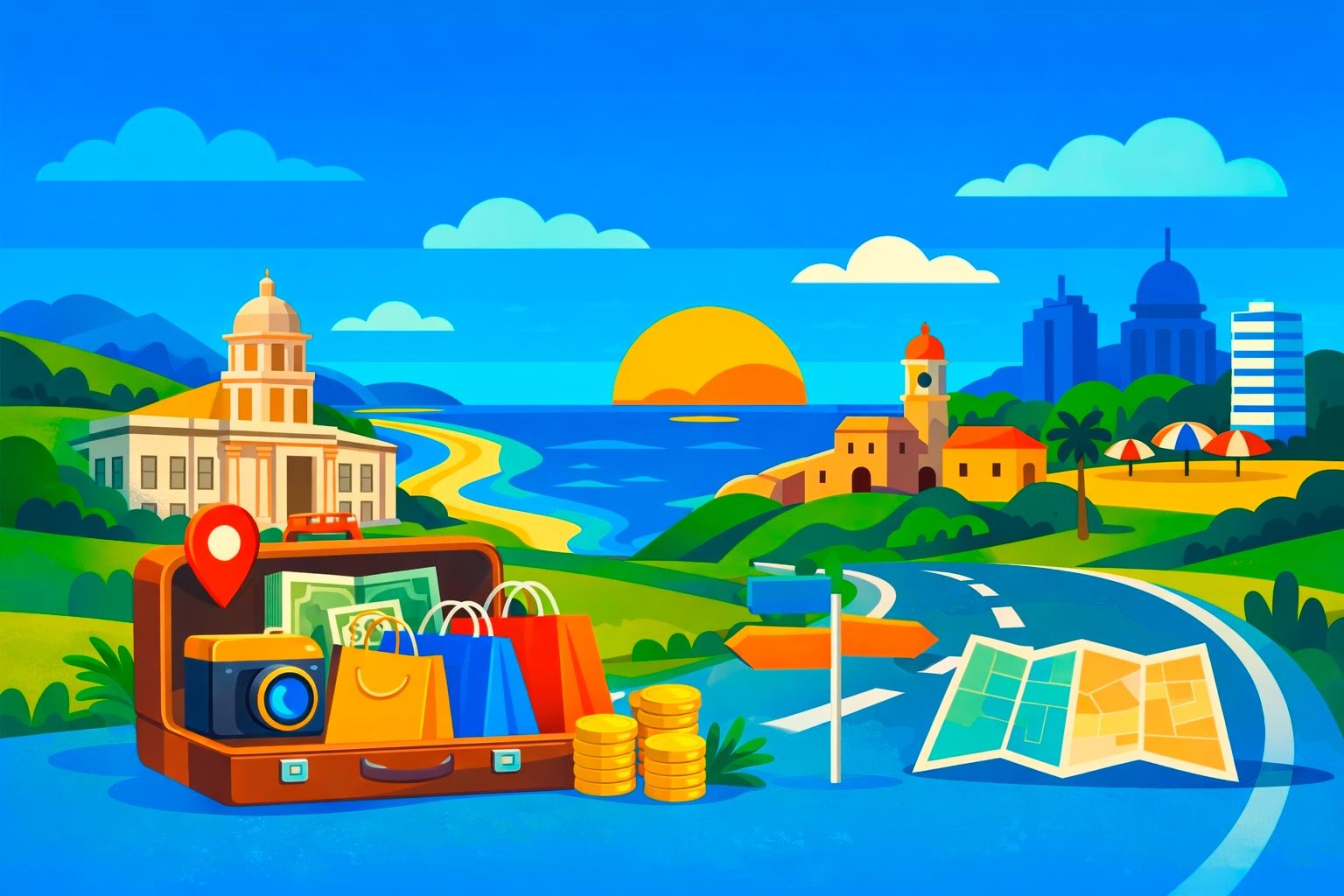 Turismo no Paraguai — estrada com carros em direção à cidade, paisagem colorida com litoral, pôr do sol, prédios e áreas verdes, representando viagem e compras no Paraguai.