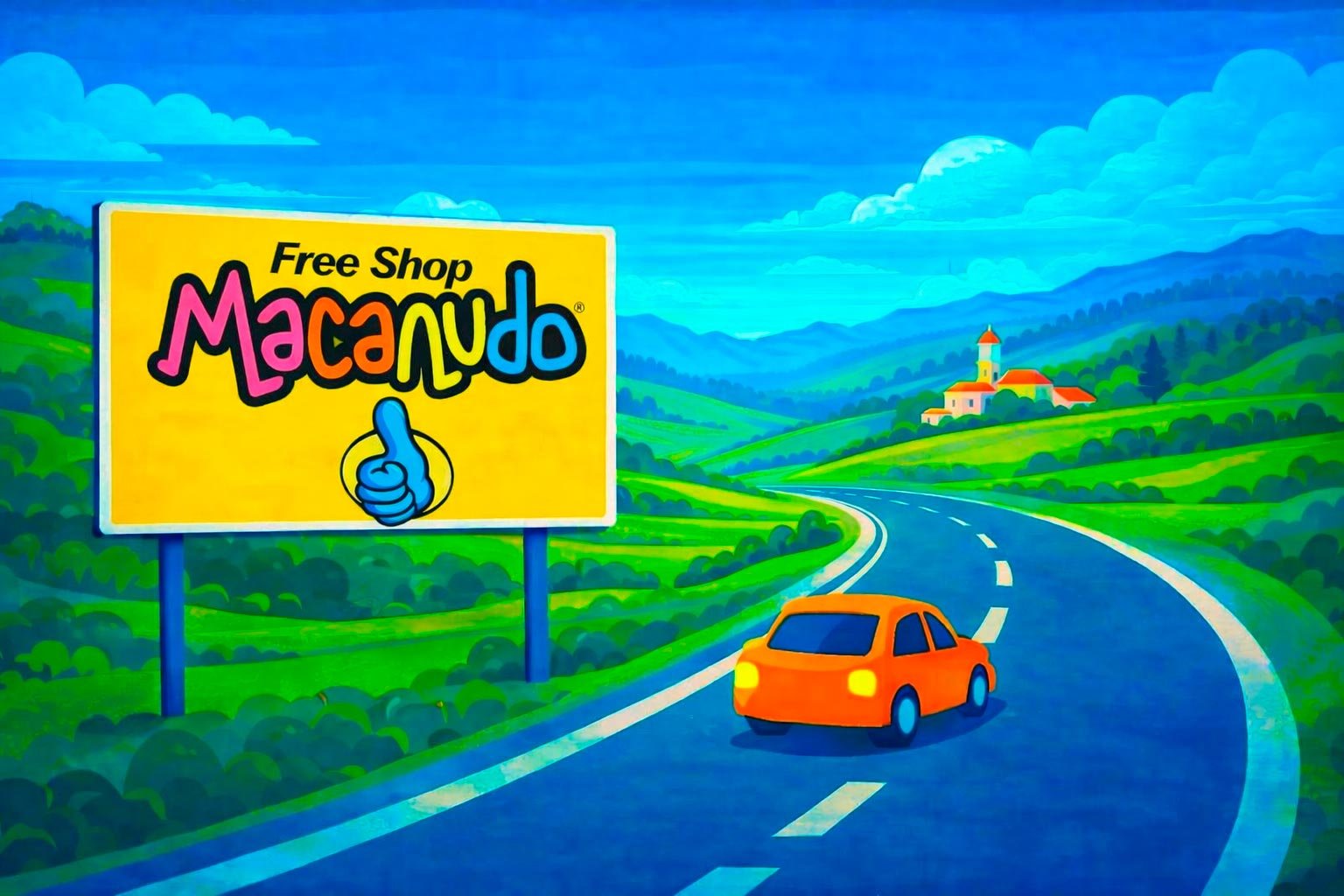 Macanudo Free Shop na fronteira do Uruguai, placa da loja em estrada com carro e paisagem típica da região.