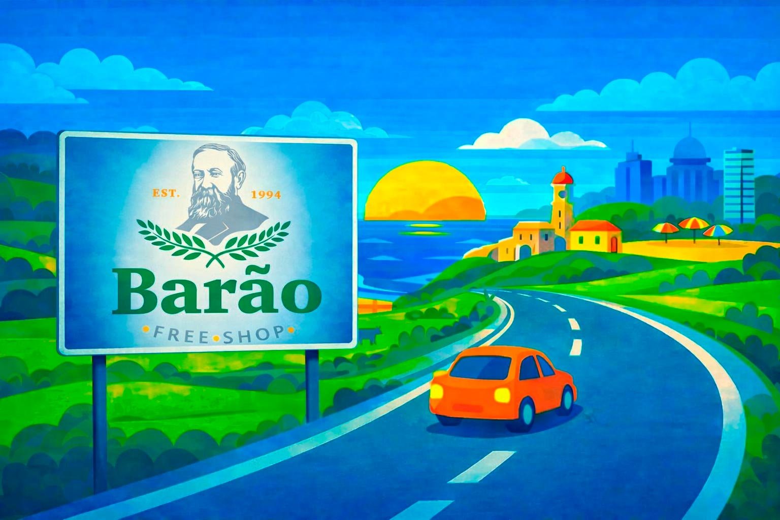 Barão Free Shop no Uruguai, loja de fronteira ilustrada em placa na estrada com paisagem típica do país
