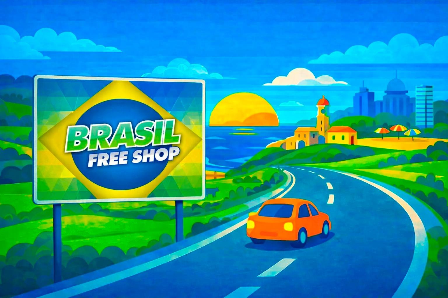 Brasil Free Shop em Rivera, free shop do Uruguai ilustrado em placa na estrada para compras na fronteira