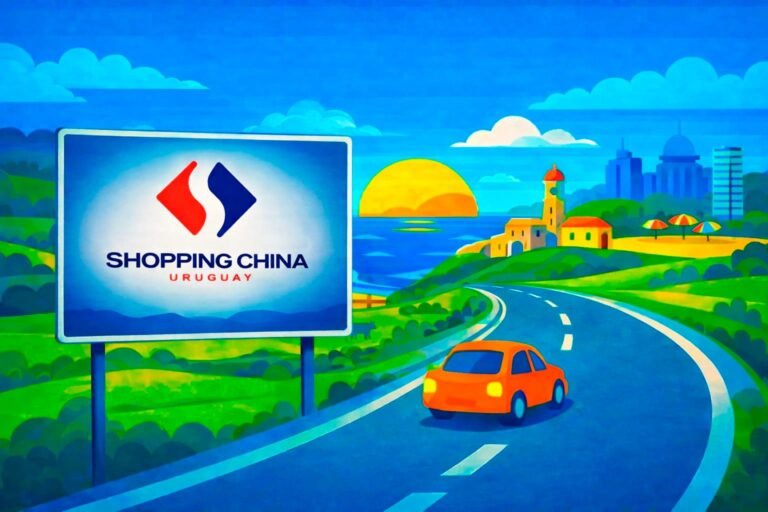 Placa do Shopping China Rivera em ilustração de estrada na fronteira do Uruguai, representando free shop para compras