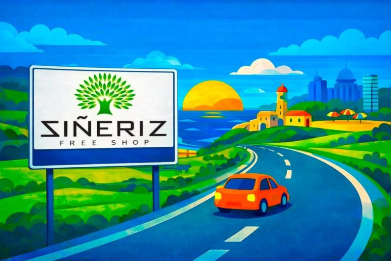 Sineriz Free Shop na fronteira do Uruguai, placa da loja em estrada turística com vista para o litoral