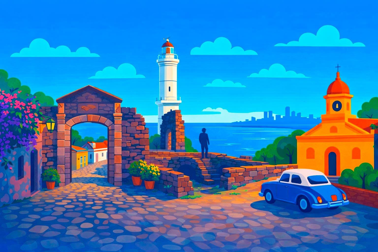 Colônia do Sacramento, cidade histórica do Uruguai, com farol, ruas de pedra e vista do Rio da Prata