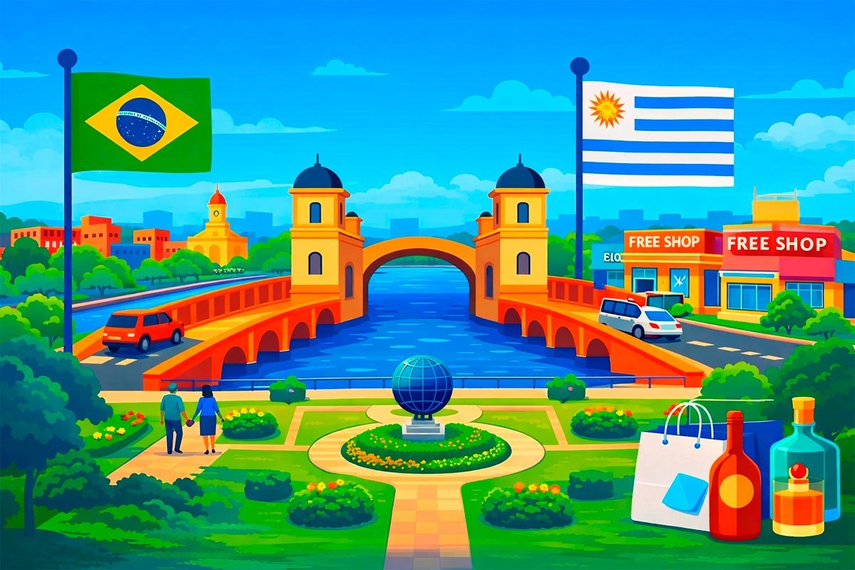 Free shops de Rio Branco na fronteira entre Brasil e Uruguai, com a Ponte Internacional Mauá, acesso de carro e área urbana próxima às lojas