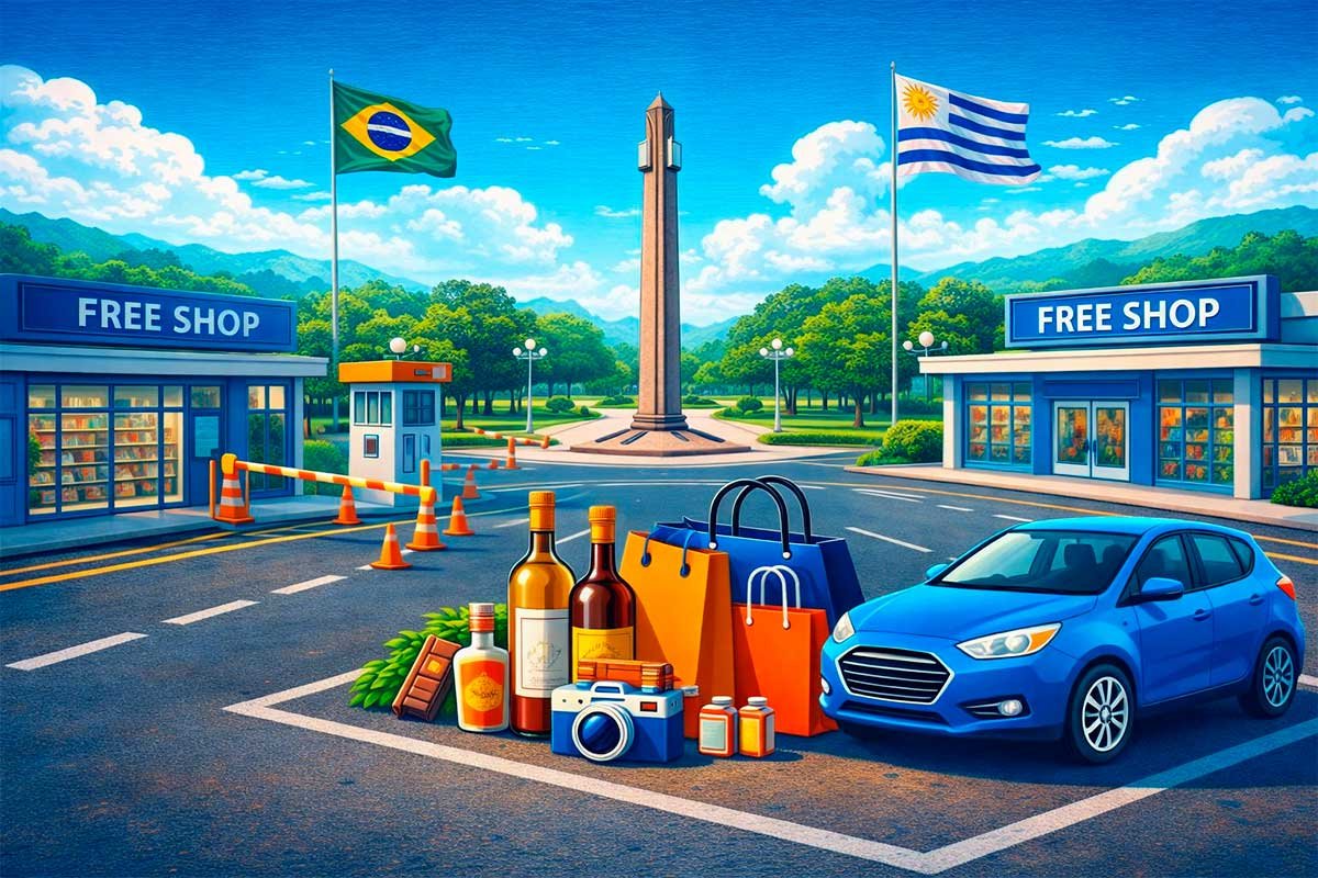 Free shops de Rivera na fronteira com Santana do Livramento, com compras típicas, carro estacionado e o Parque Internacional entre Brasil e Uruguai