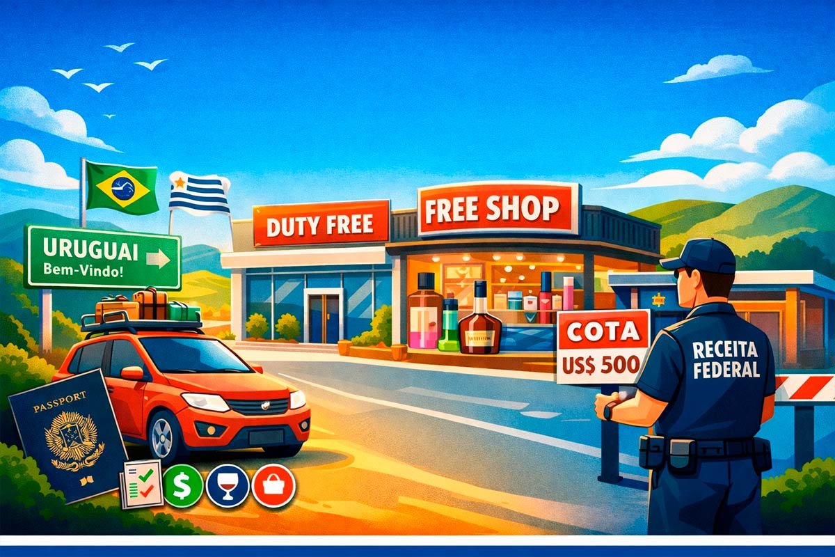 Ilustração de free shop na fronteira do Uruguai para quem viaja de carro, com veículo, compras duty free e fiscalização da cota terrestre
