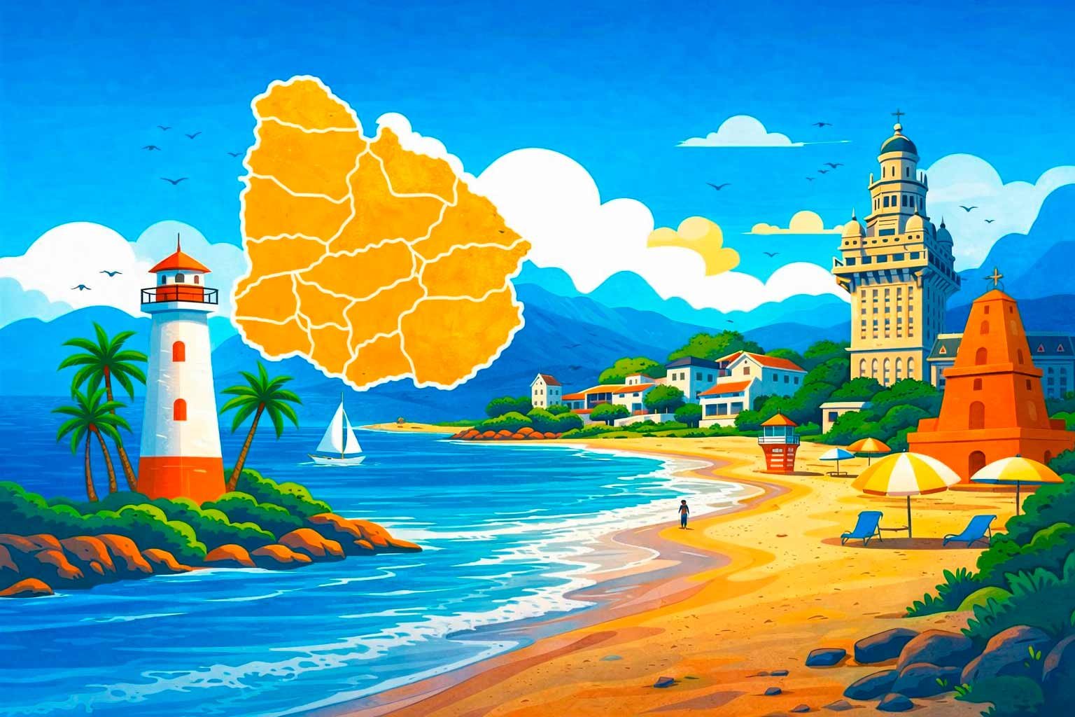Ilustração de La Paloma, no Uruguai, com praia, farol, mar azul e paisagem típica do litoral do departamento de Rocha