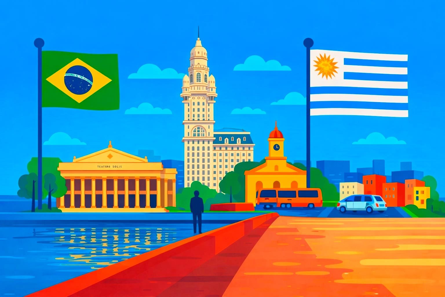 Vista ilustrada de Montevidéu mostrando o Palacio Salvo, o Teatro Solís e a orla do Rio da Prata