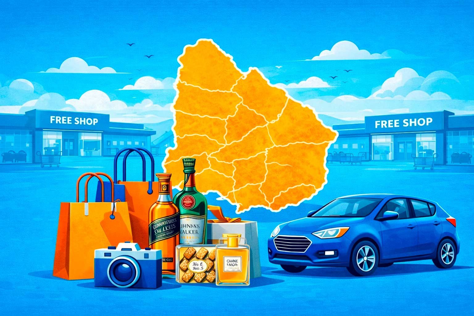 Imagem ilustrativa de compras nos Free Shops do Uruguai, com carro, sacolas e mapa do país, simbolizando as melhores compras para quem visita o Uruguai