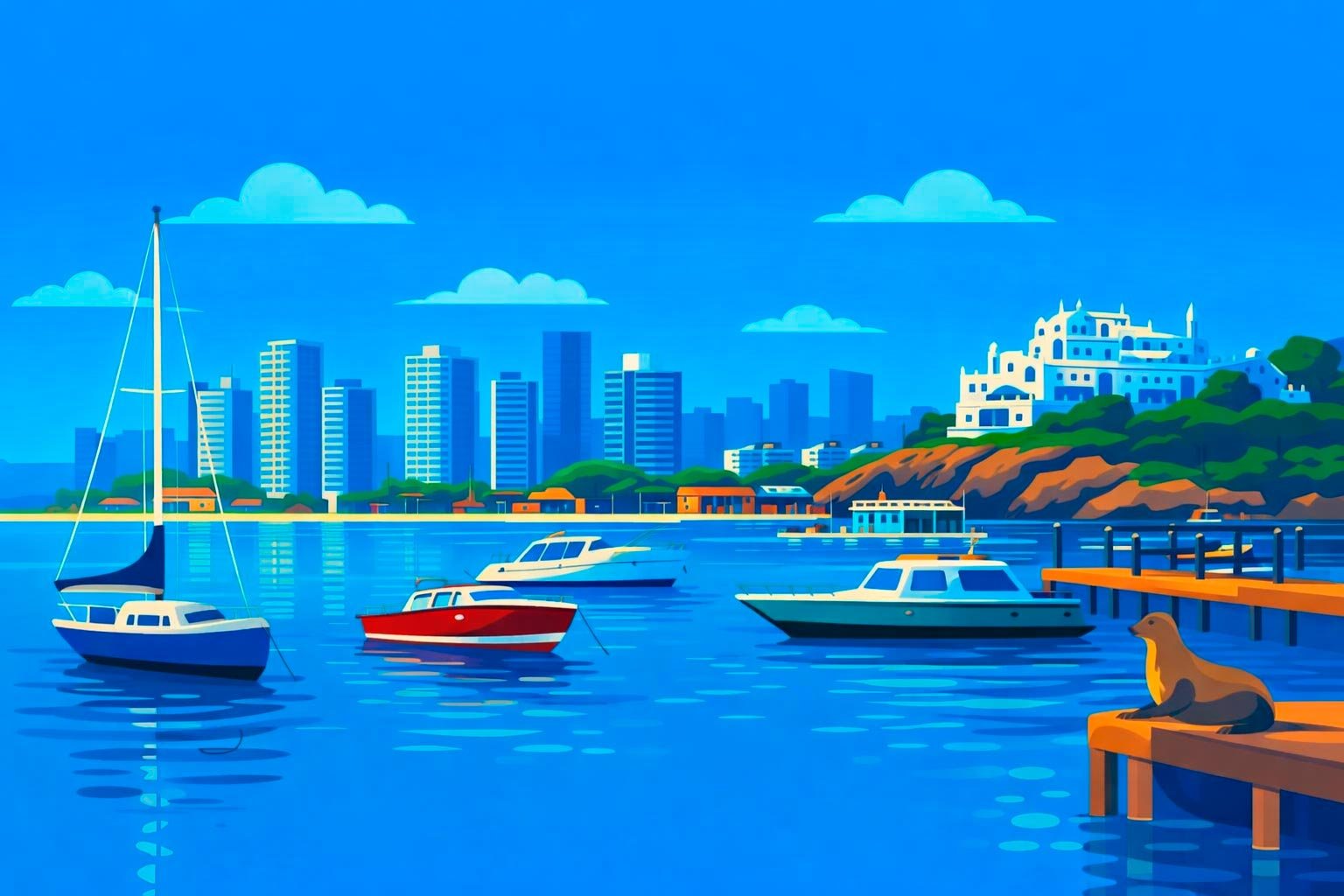 Vista da marina de Punta del Este, no Uruguai, com barcos e prédios da cidade ao fundo em dia claro