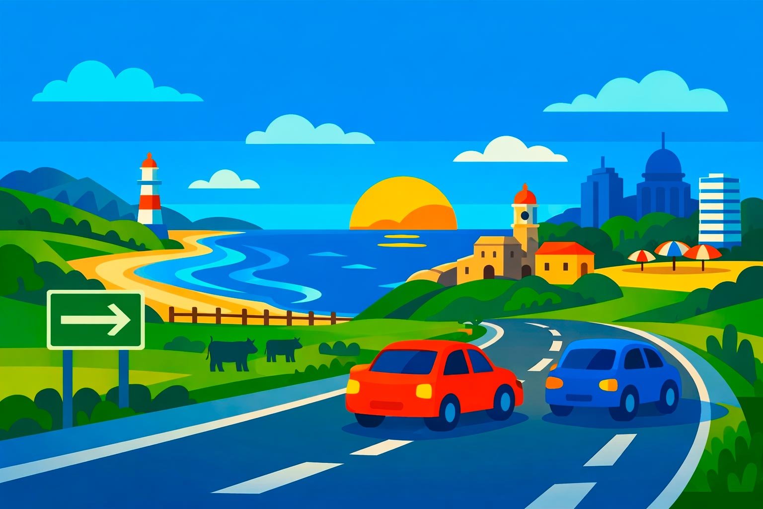 Viagem de carro pelo Uruguai com estrada, carros, praias e cidades turísticas em ilustração representando o turismo no país