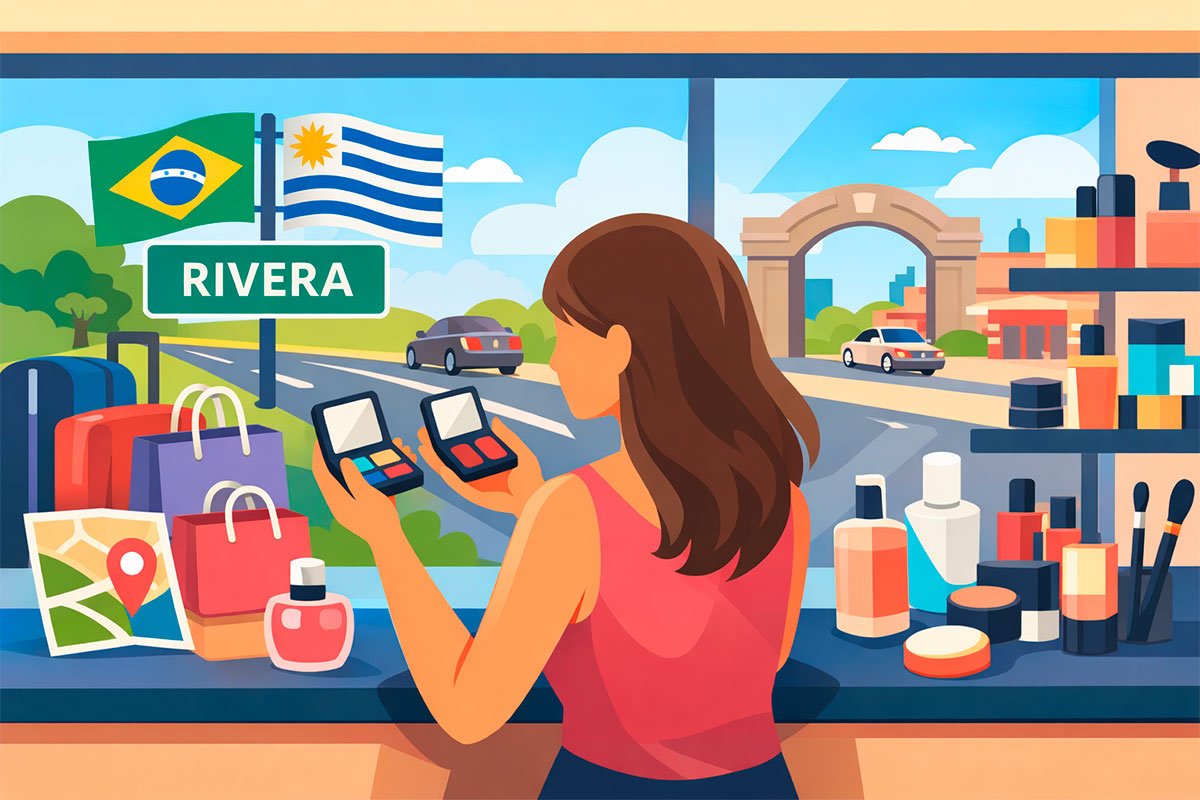 Mulher comparando maquiagens dentro de um free shop em Rivera, com bandeiras do Brasil e Uruguai e cenário de fronteira ao fundo