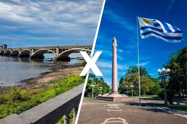 Comparação visual das rotas de Porto Alegre para Rio Branco e Rivera (free shops), destacando a Ponte Internacional Mauá e o marco da fronteira Brasil–Uruguai.