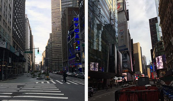 Dá uma conferida no visual da esquina do hotel. Na segunda foto já dá pra ver os telões da Times Square!