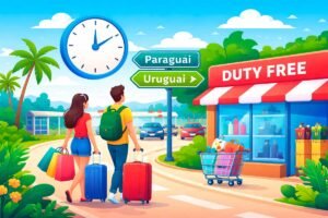Ilustração de compras na fronteira com free shop e viajantes entre Paraguai e Uruguai