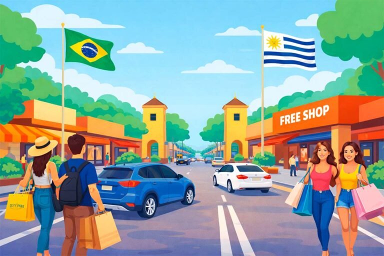 Ilustração da fronteira entre Chuí (RS) e Chuy, no Uruguai, com free shop e consumidores brasileiros fazendo compras na cidade uruguaia.