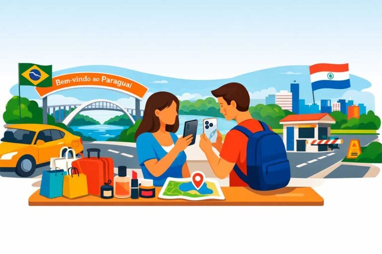 Consumidores comparando iPhone Pro Max na fronteira entre Brasil e Paraguai, com malas e sacolas de compra em viagem própria.