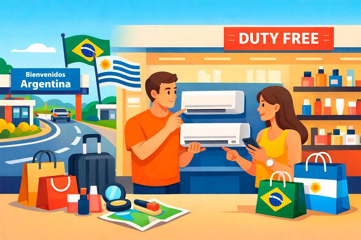 iajantes na fronteira com a Argentina olhando modelos de ar-condicionado em uma loja duty free