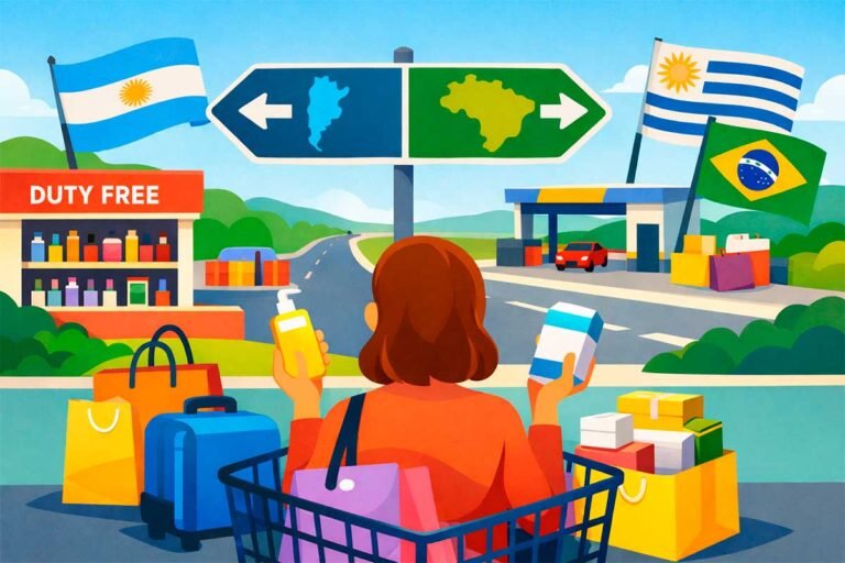 Viagem na fronteira, consumidora comparando produtos entre Argentina e Brasil em área de duty free.