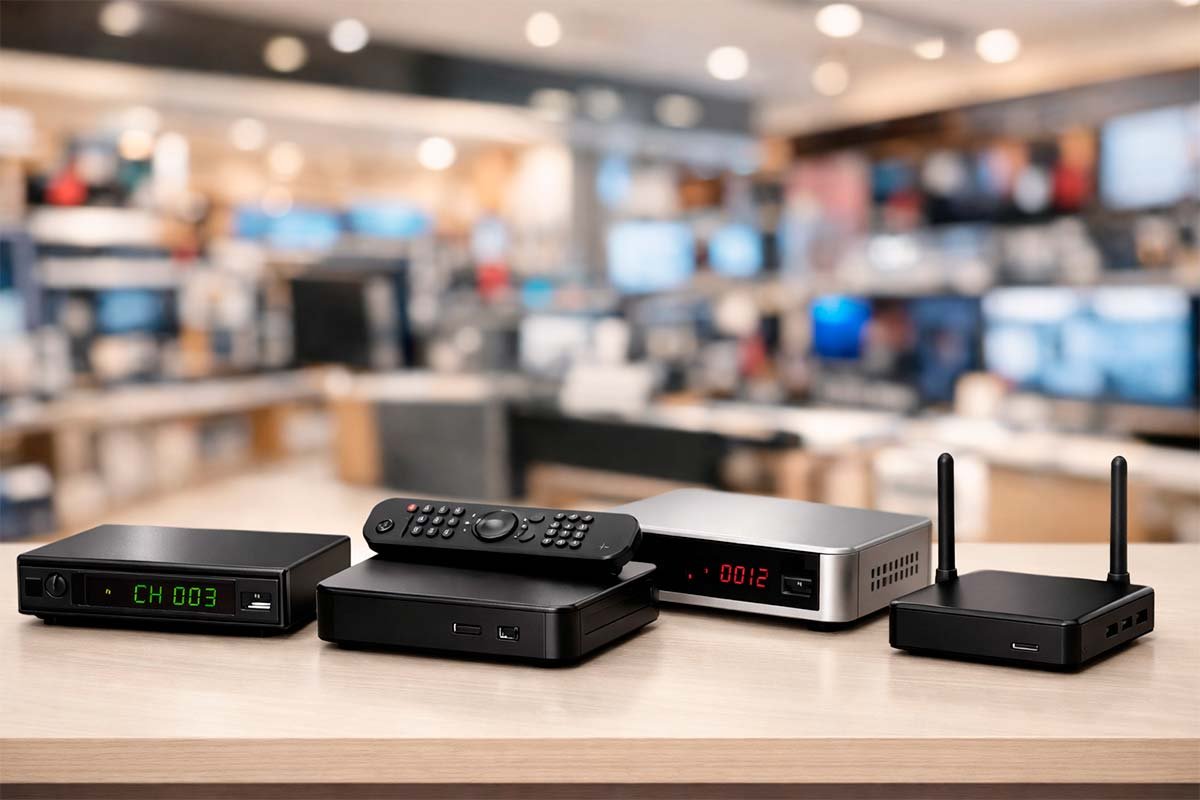Receptores de TV e TV Box à venda em loja de eletrônicos no Paraguai