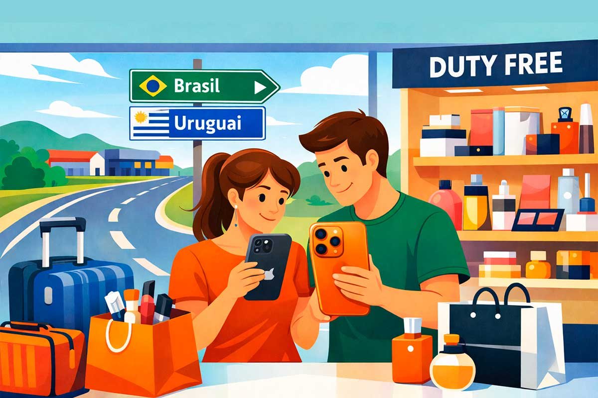 Casal comparando iPhones em uma loja duty free na fronteira entre Brasil e Uruguai