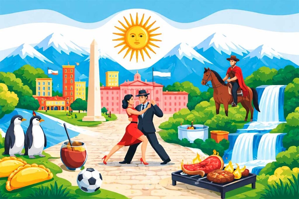 Ilustração sobre a Argentina com sua cultura e símbolos turísticos