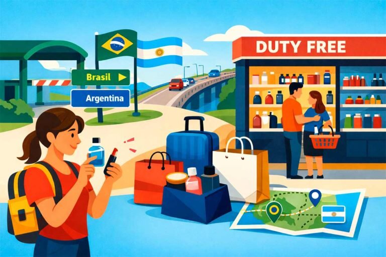 Ilustração de compras em free shop na fronteira Brasil–Argentina em Uruguaiana e Paso de los Libres.