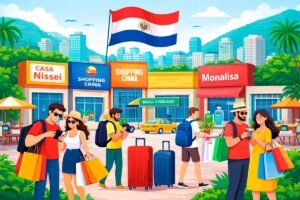 Ilustração de compras no Paraguai, com turistas em Ciudad del Este em frente a lojas, representando a experiência de quem cruza a fronteira para comprar.