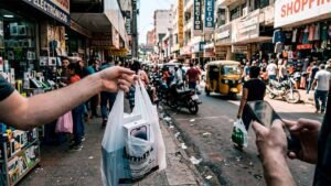 Consumidor segurando sacola com caixa de iPhone lacrada em rua movimentada de Ciudad del Este, ilustrando como fazer compras no Paraguai com segurança.
